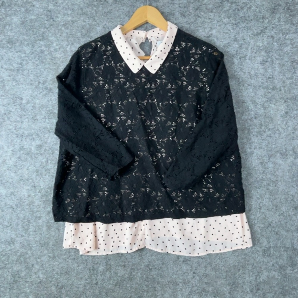 ELLE Blouse Top Womens XL Black Pink Polka Dot Lace Layered Collared 3/4 Sleeve